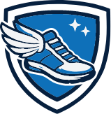 Shield emblem with a winged sneaker, representing speed or agility.
