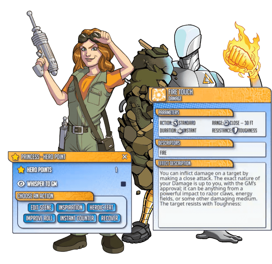 Illustrated superhero characters with game interface panels showing hero points and a Fire Touch damage ability.